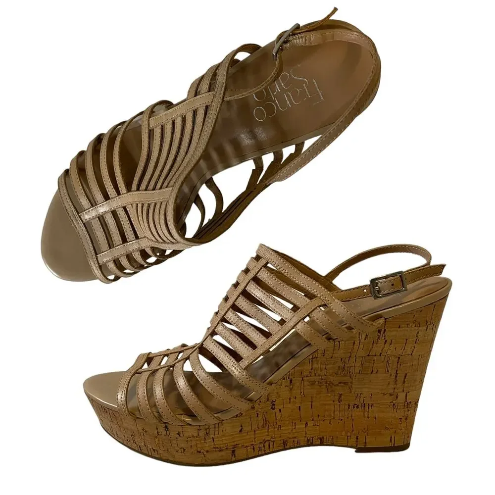 Franco Sarto Sombre Beige Leather Wedge Sandal Size 10